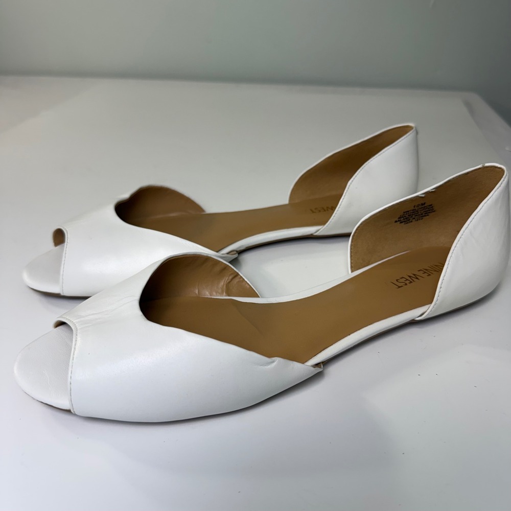 Nine West Blossom White Leather Peep Toe d'Orsay Flats Womens 10M